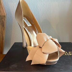 Badgley Mischka Nude Satin Peep-Toe Heel with Decorative Bow